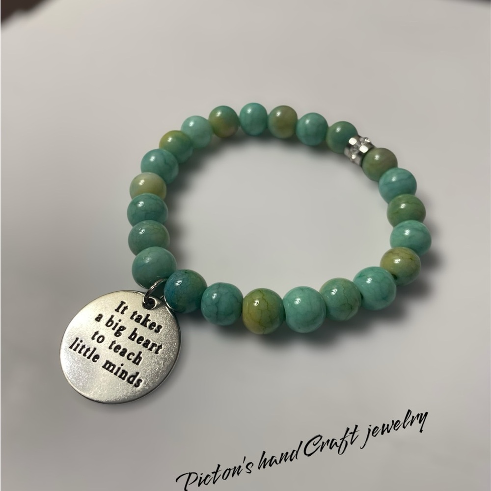 Green and Silver Beaded Bracelet with Charm